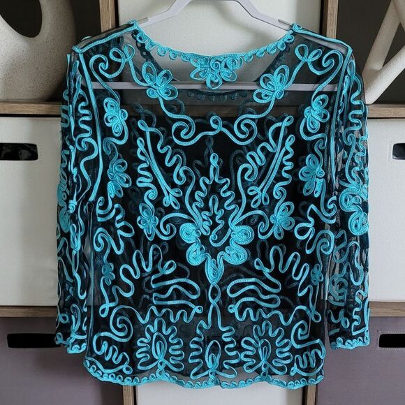 Weavz embroidered teal/black blouse Size L - Picture 7 of 9
